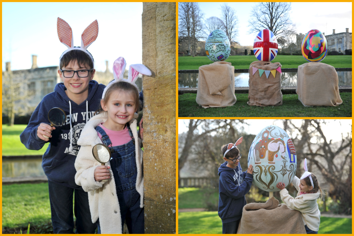 Children wearing bunny ears playing and exploring at Sudeley Castle & Gardens with giant, painted and decorated eggs